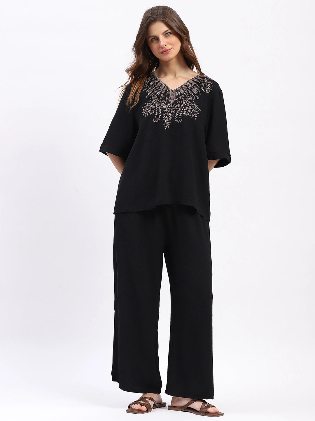 Embroidered Yoke Rayon Co-ord Set - Global Republic