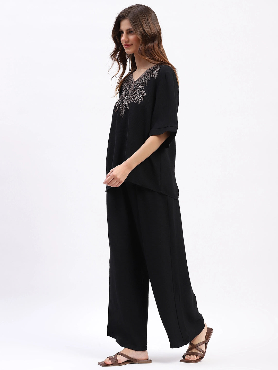 Embroidered Yoke Rayon Co-ord Set - Global Republic