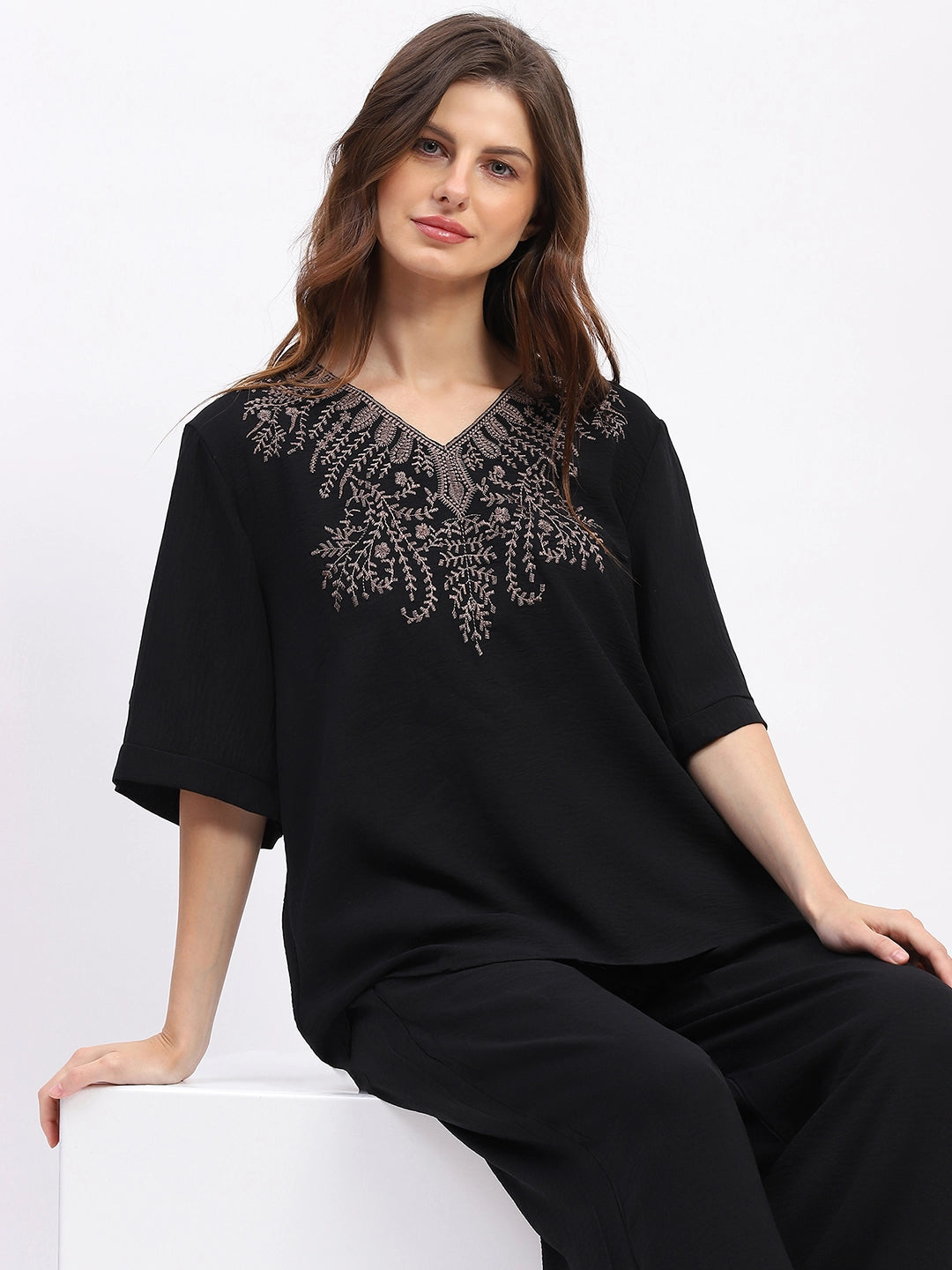 Embroidered Yoke Rayon Co-ord Set - Global Republic