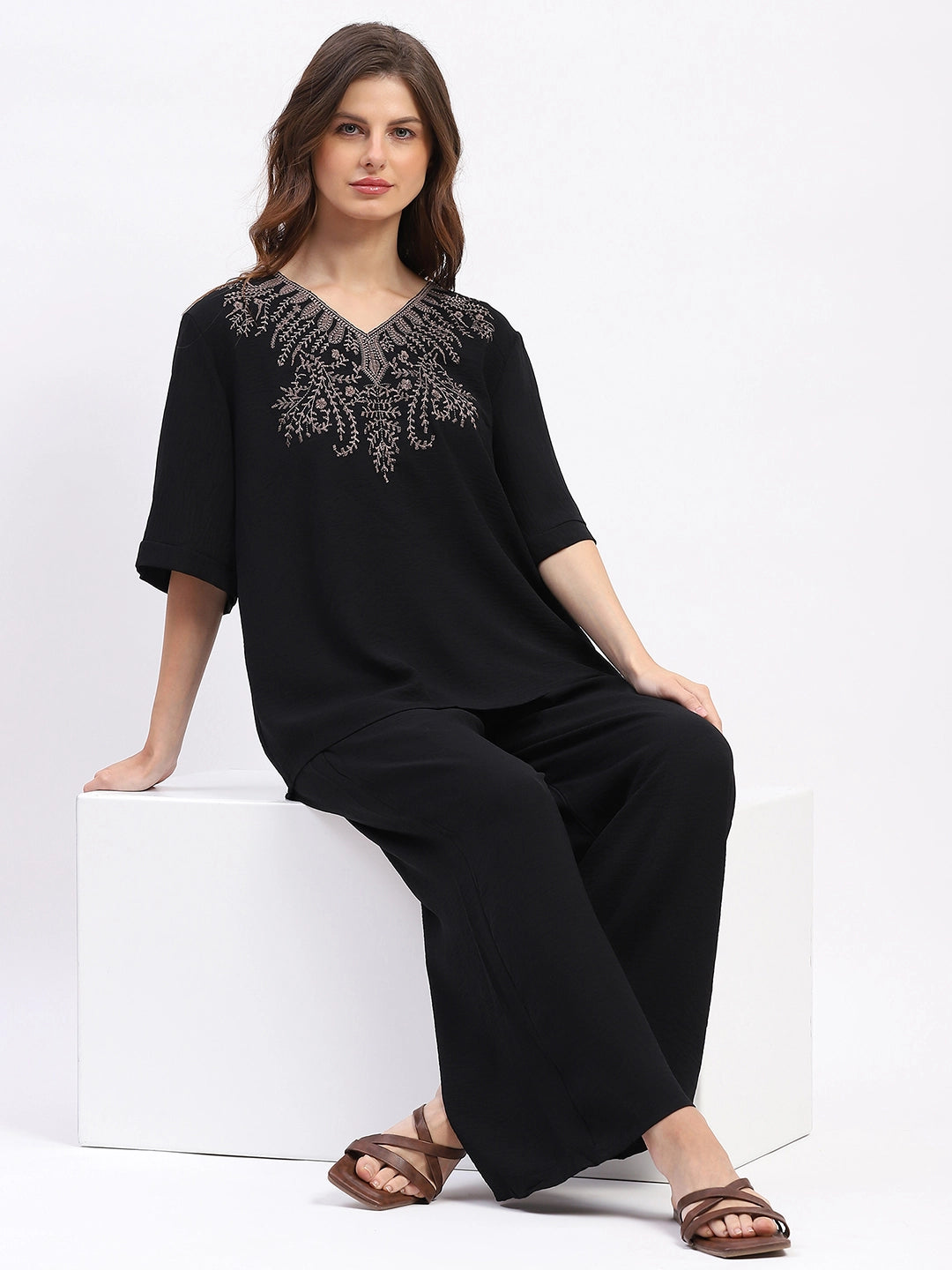 Embroidered Yoke Rayon Co-ord Set - Global Republic