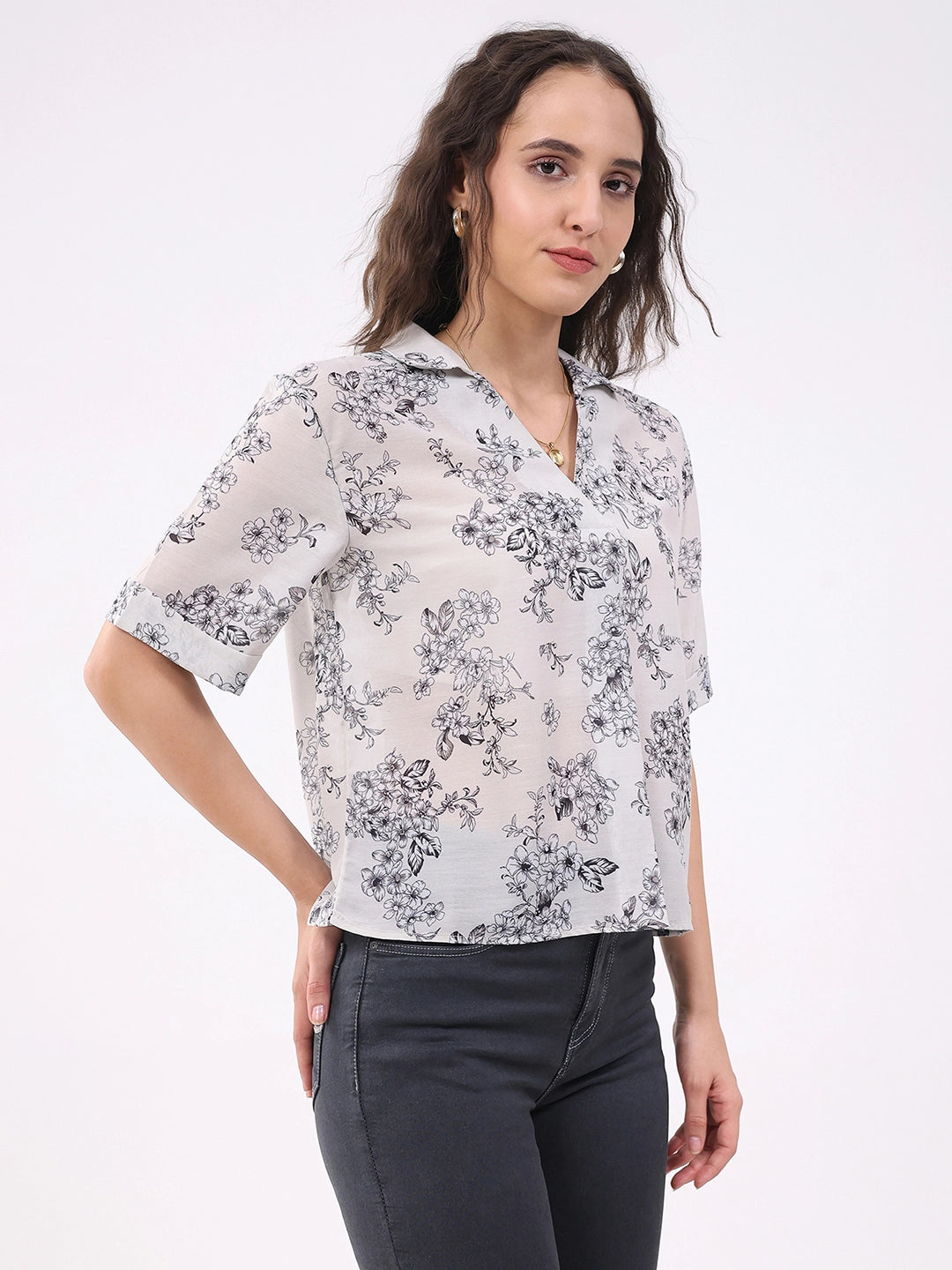 Cream Floral Print Blouson Top - Global Republic