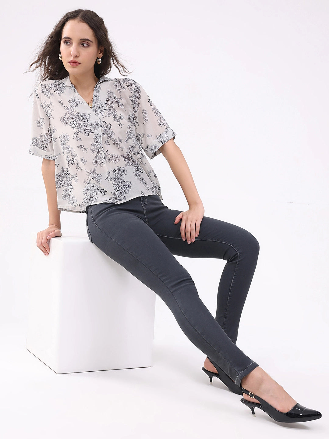 Cream Floral Print Blouson Top - Global Republic