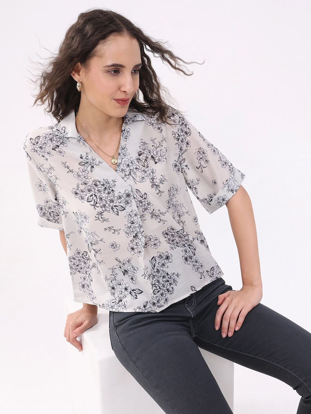 Cream Floral Print Blouson Top - Global Republic
