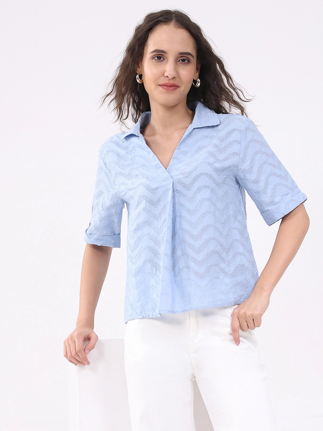 Blue Blouson Dobby Cotton Top - Global Republic