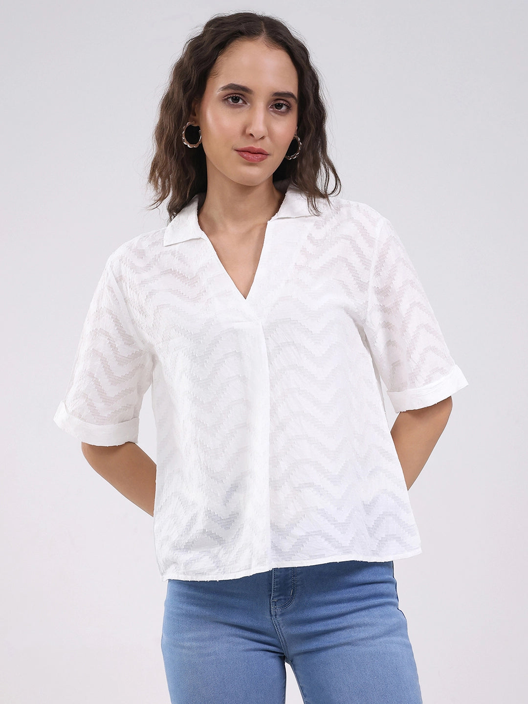 White Blouson Dobby Cotton Top - Global Republic