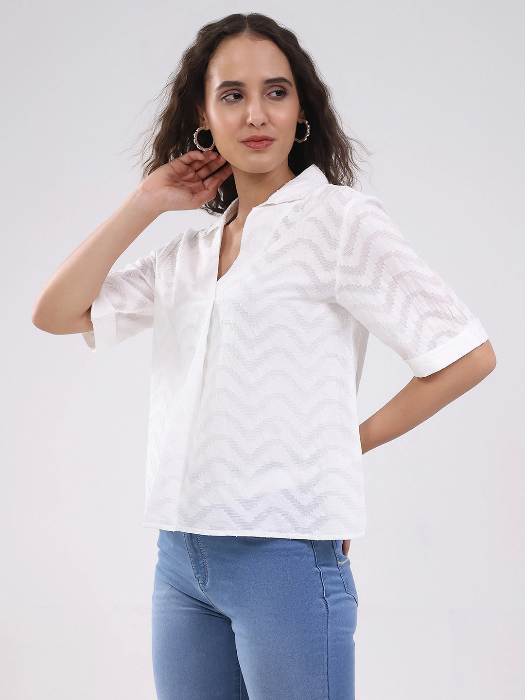 White Blouson Dobby Cotton Top - Global Republic