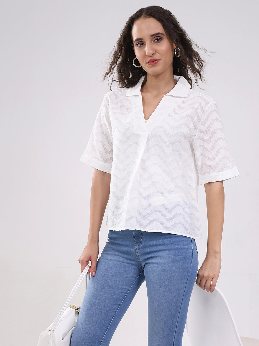 White Blouson Dobby Cotton Top - Global Republic