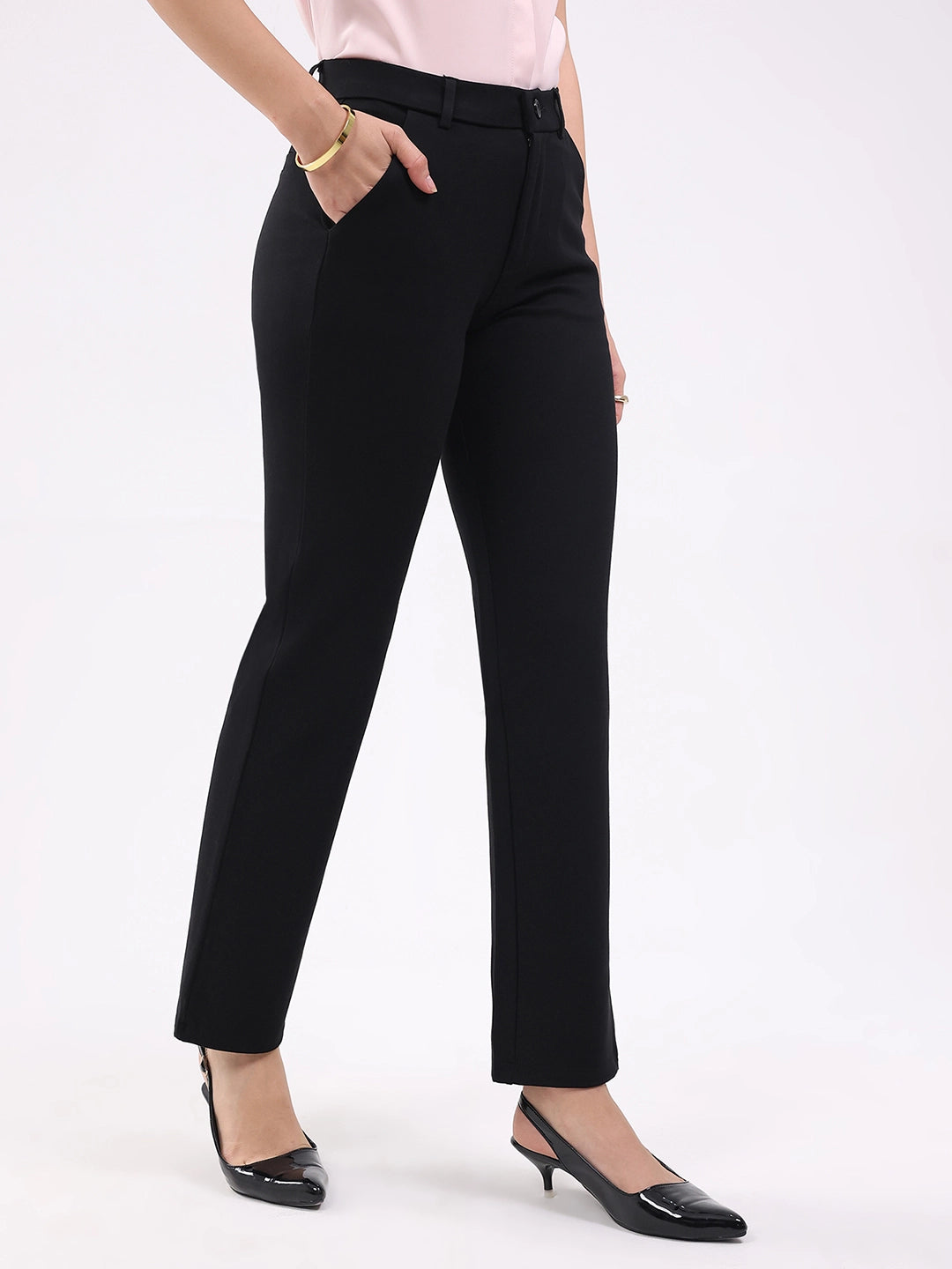 Black Straight Cotton Spandex Trousers - Global Republic