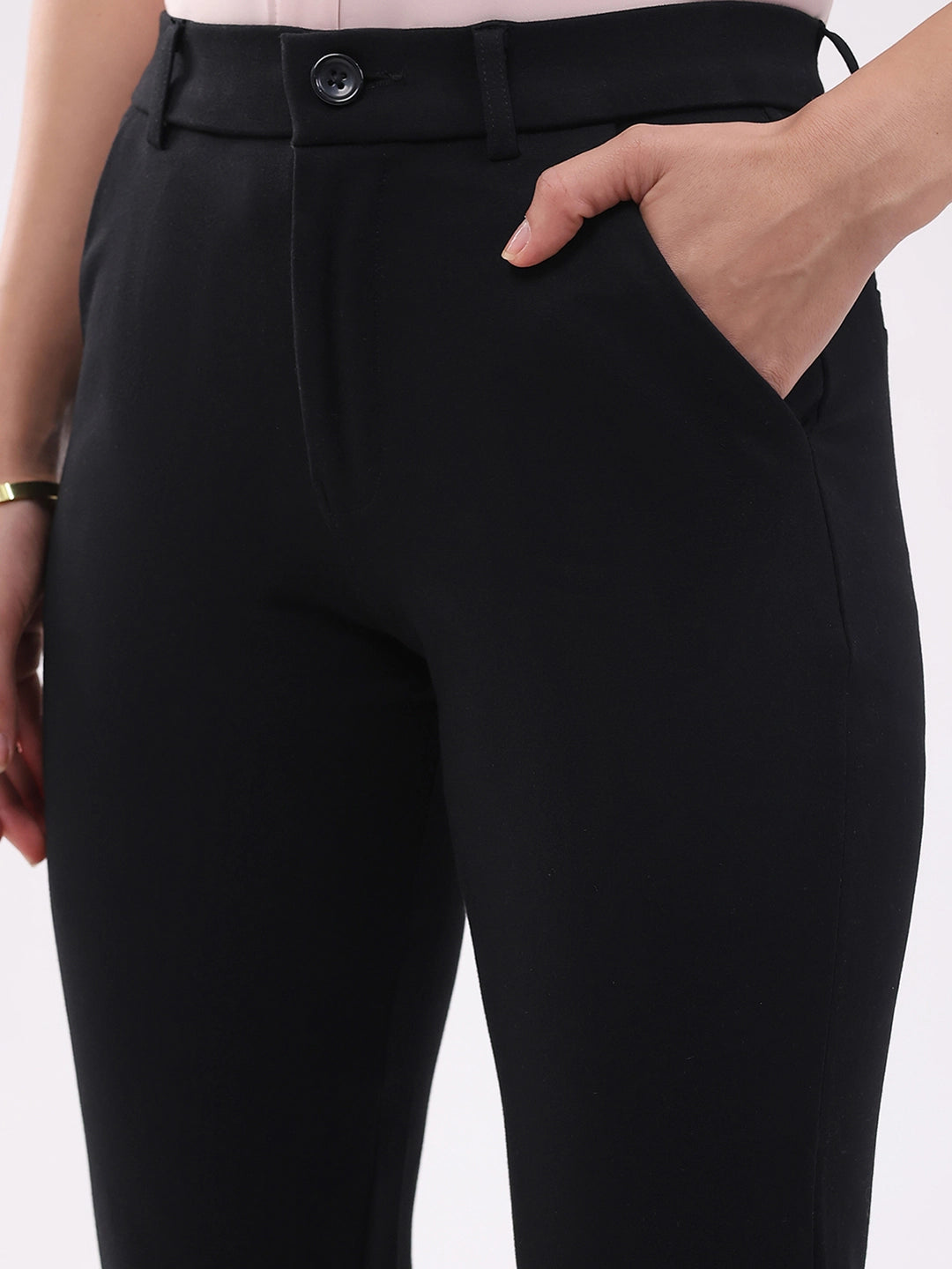 Black Straight Cotton Spandex Trousers - Global Republic