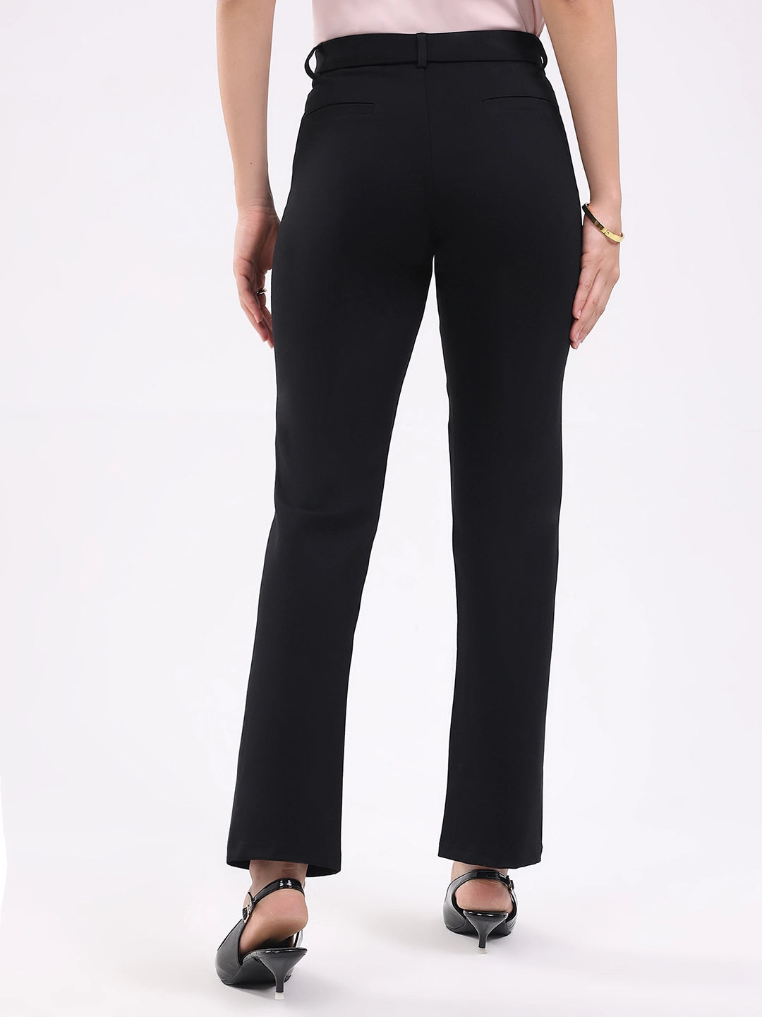 Black Straight Cotton Spandex Trousers - Global Republic