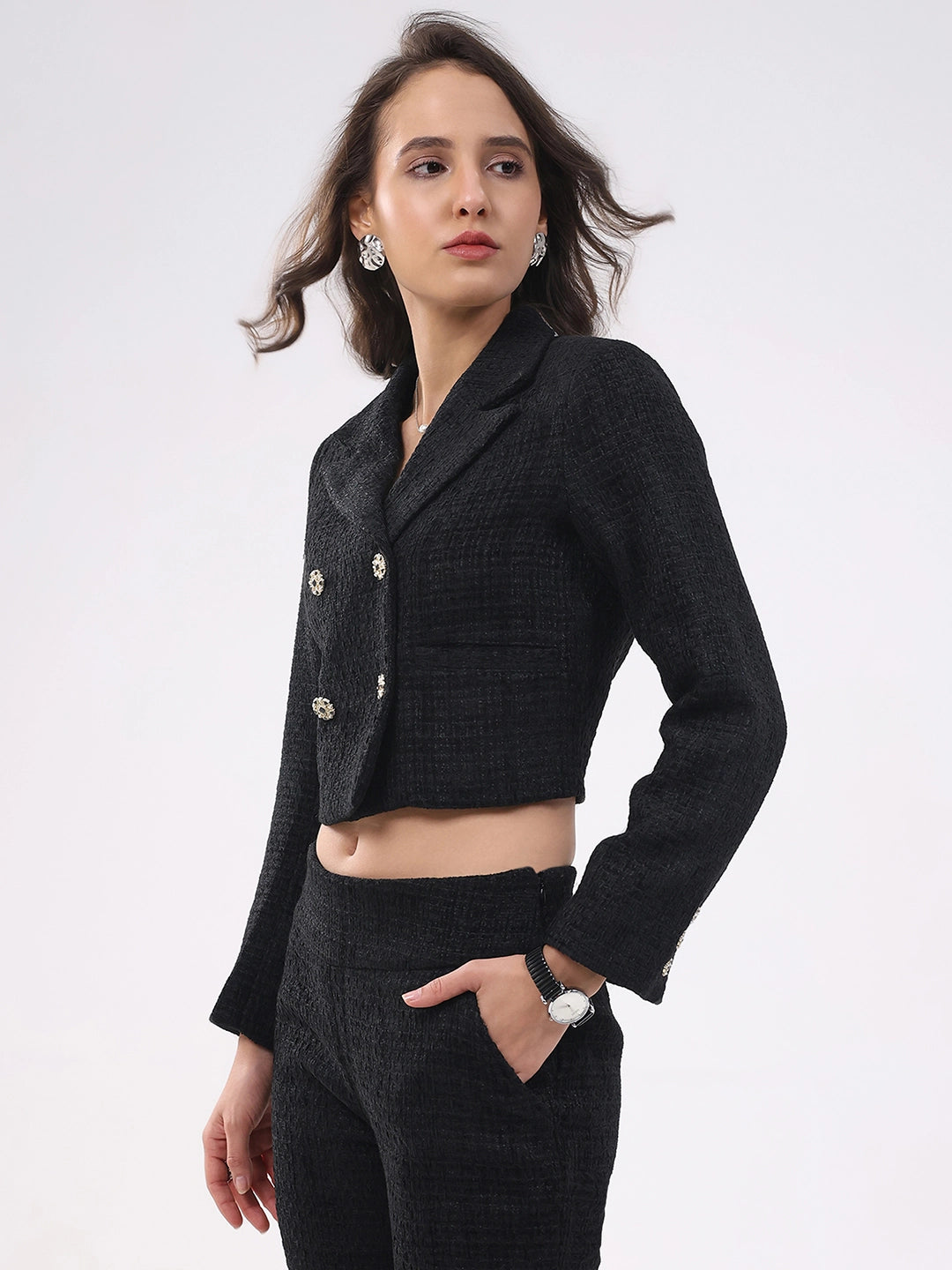 Black Wool Blend Crop Jacket - Global Republic