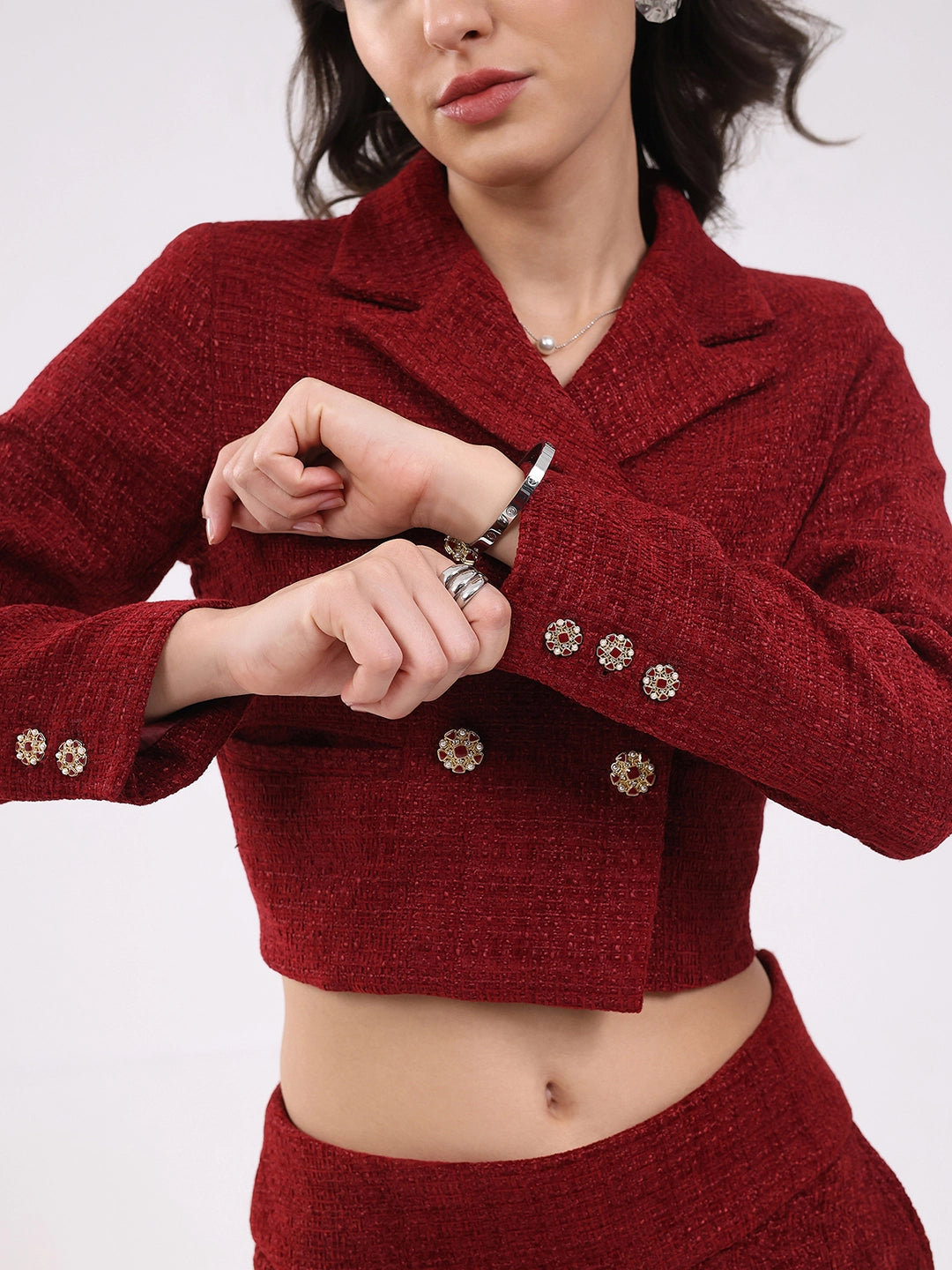 Maroon Wool Blend Crop Jacket - Global Republic