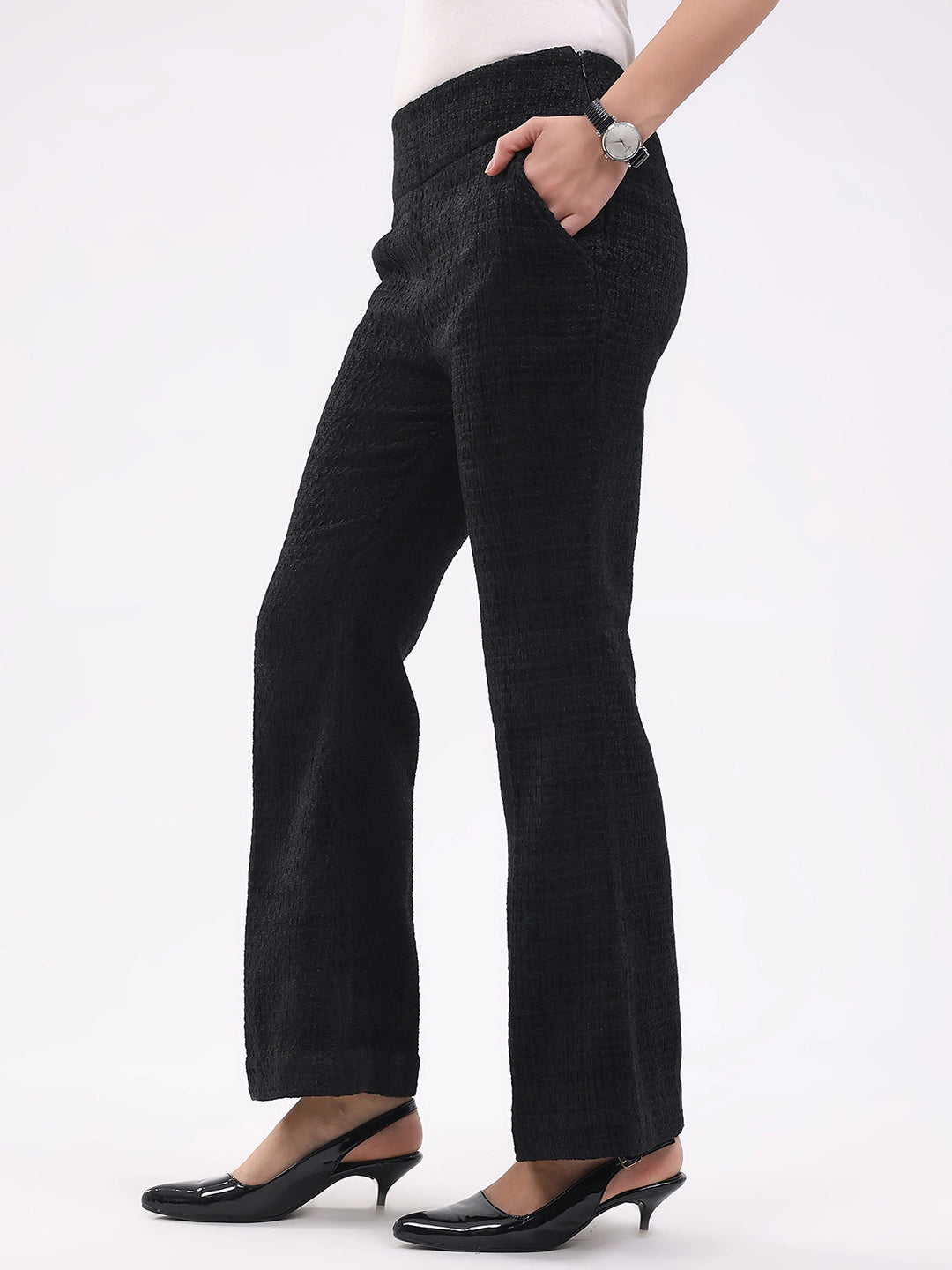 Black Wool Blend Bootcut Trousers - Global Republic