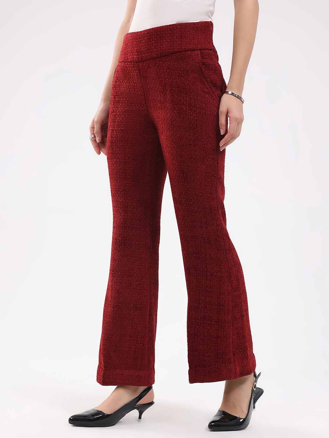 Maroon Wool Blend Bootcut Trousers - Global Republic