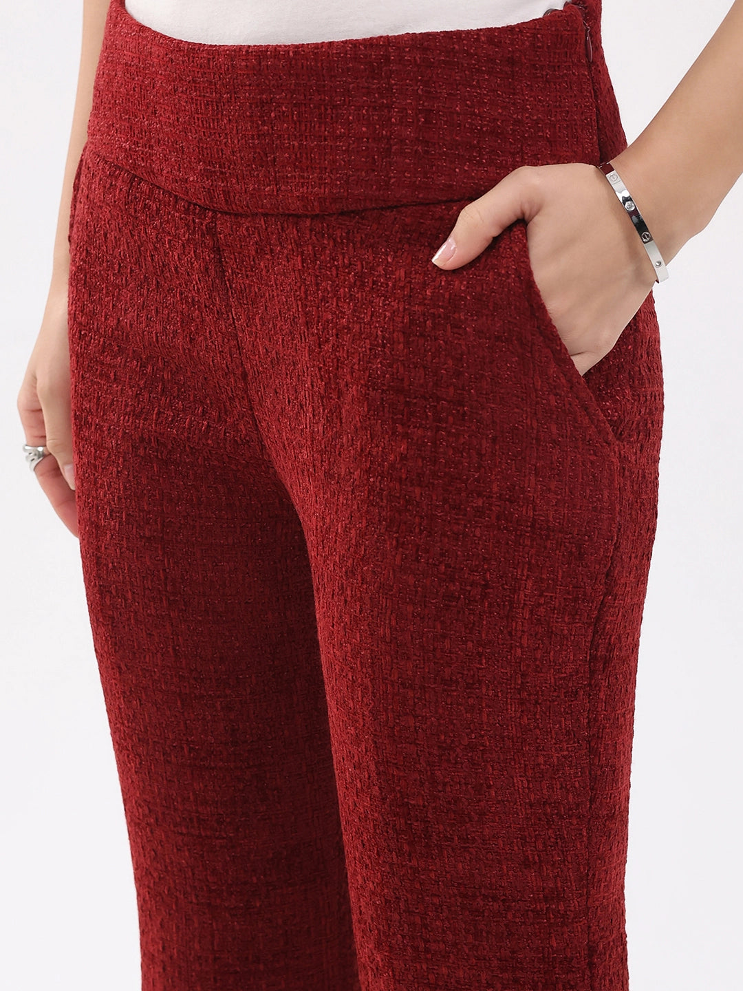 Maroon Wool Blend Bootcut Trousers - Global Republic