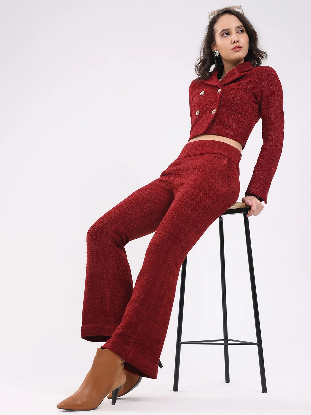Maroon Wool Blend Bootcut Trousers - Global Republic
