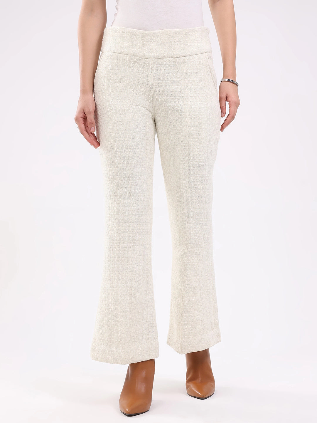 White Wool Blend Bootcut Trousers - Global Republic