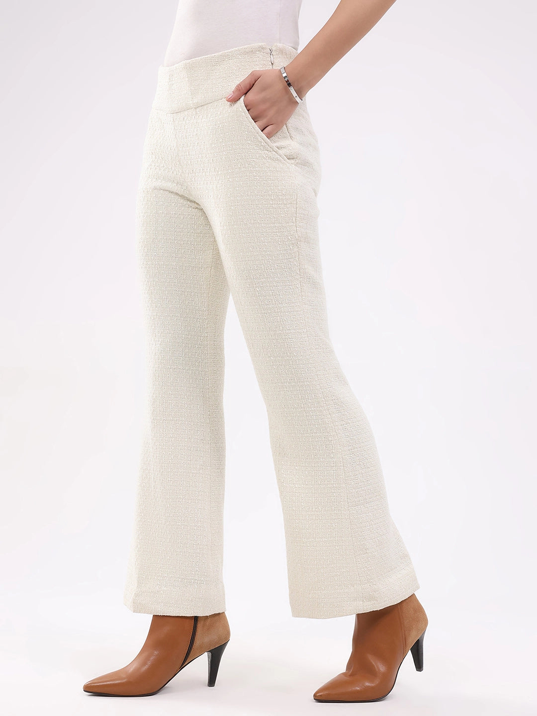 White Wool Blend Bootcut Trousers - Global Republic
