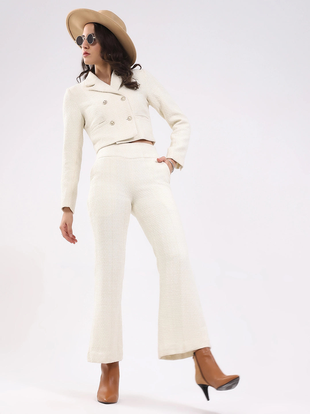 White Wool Blend Bootcut Trousers - Global Republic