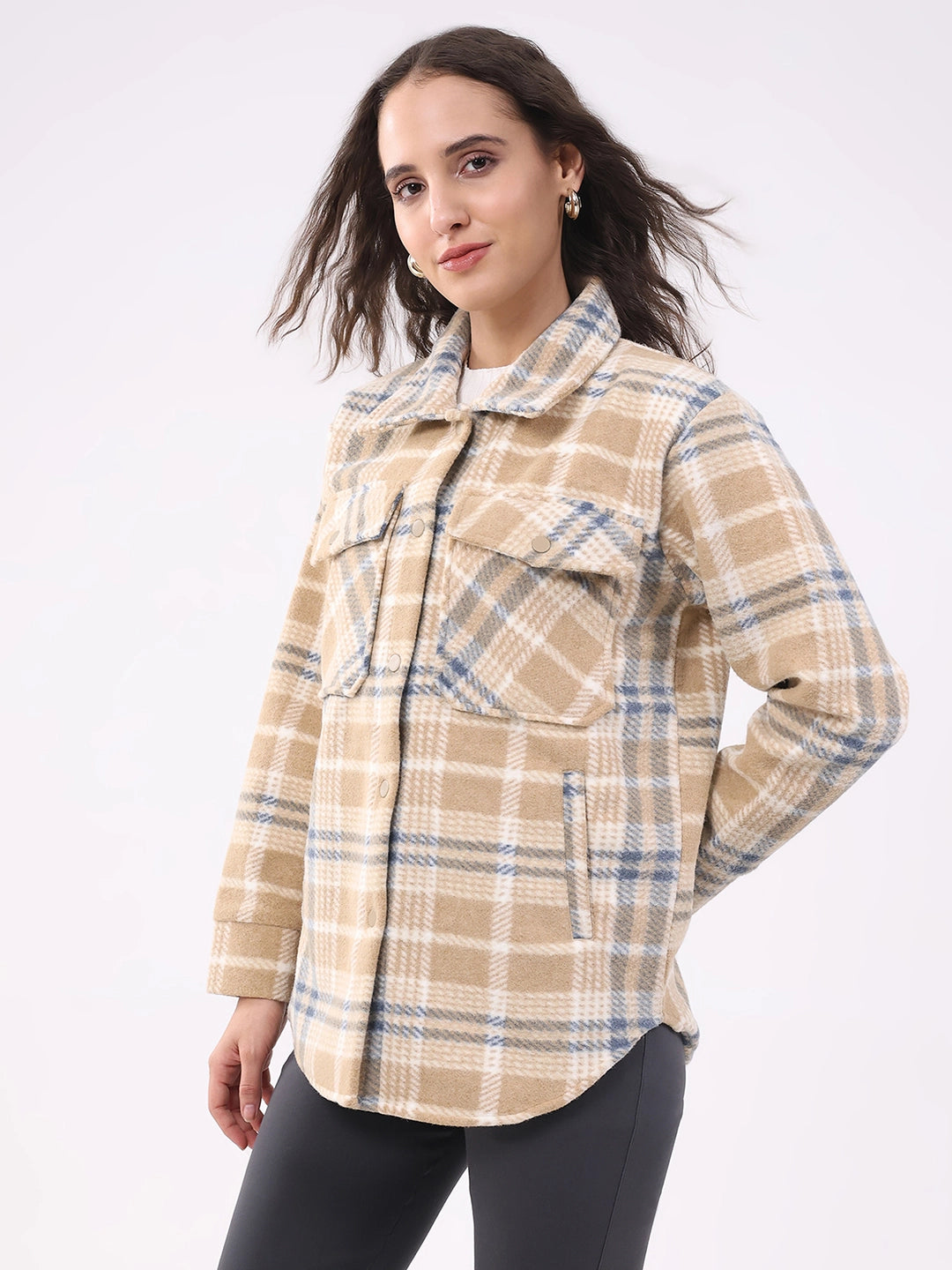 Beige Checked Wool Blend Winter Shacket - Global Republic