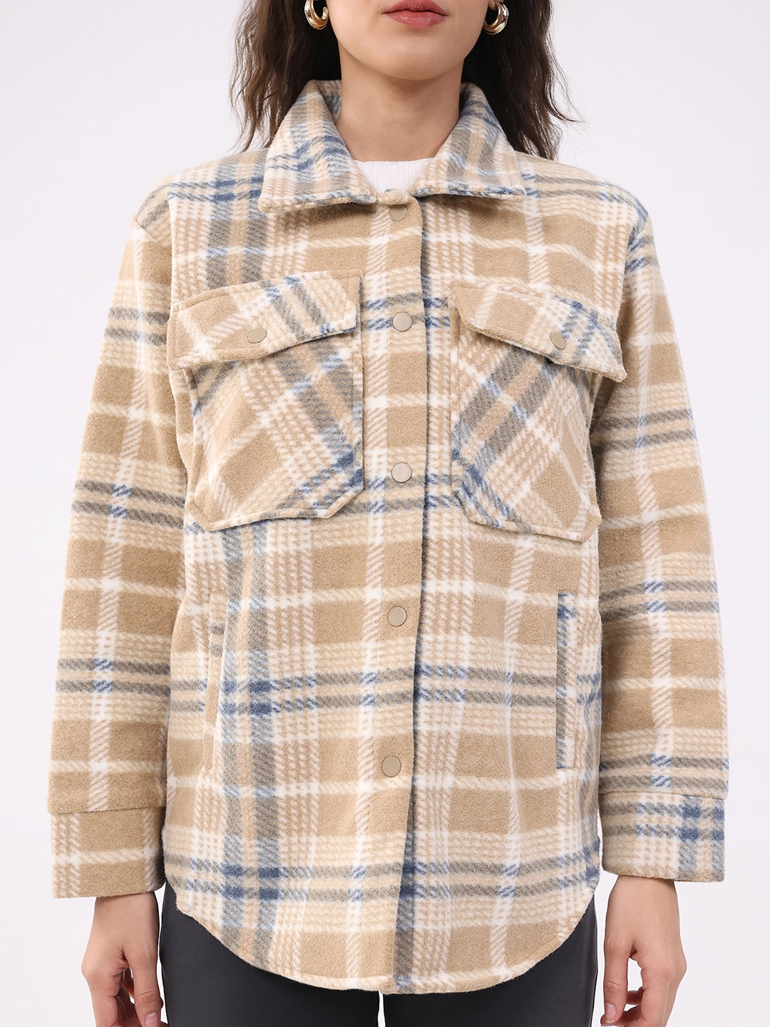 Beige Checked Wool Blend Winter Shacket - Global Republic