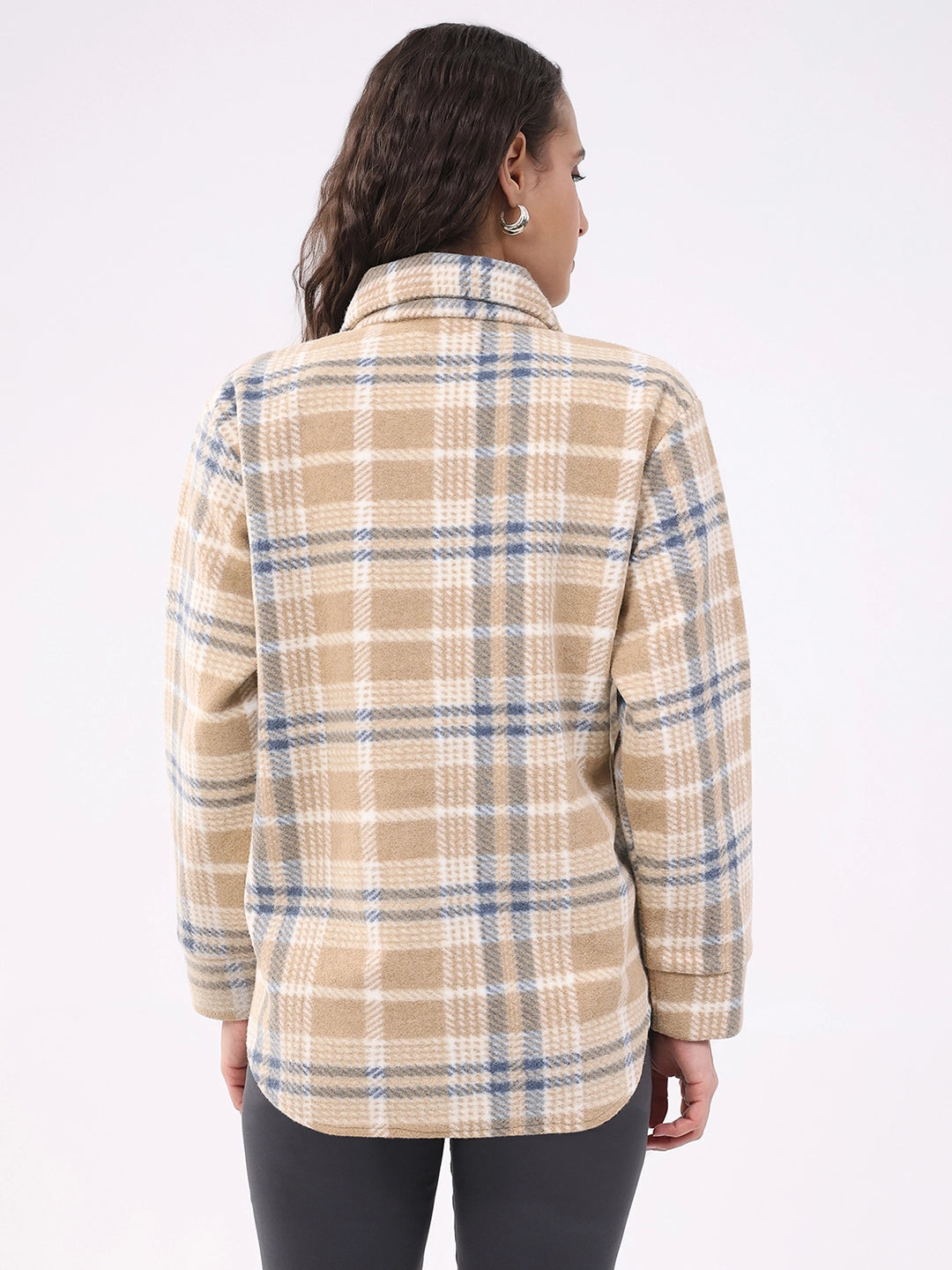 Beige Checked Wool Blend Winter Shacket - Global Republic