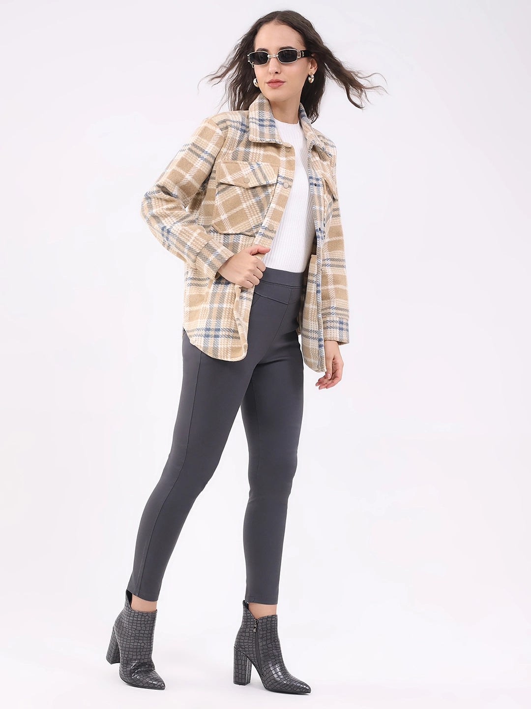 Beige Checked Wool Blend Winter Shacket - Global Republic