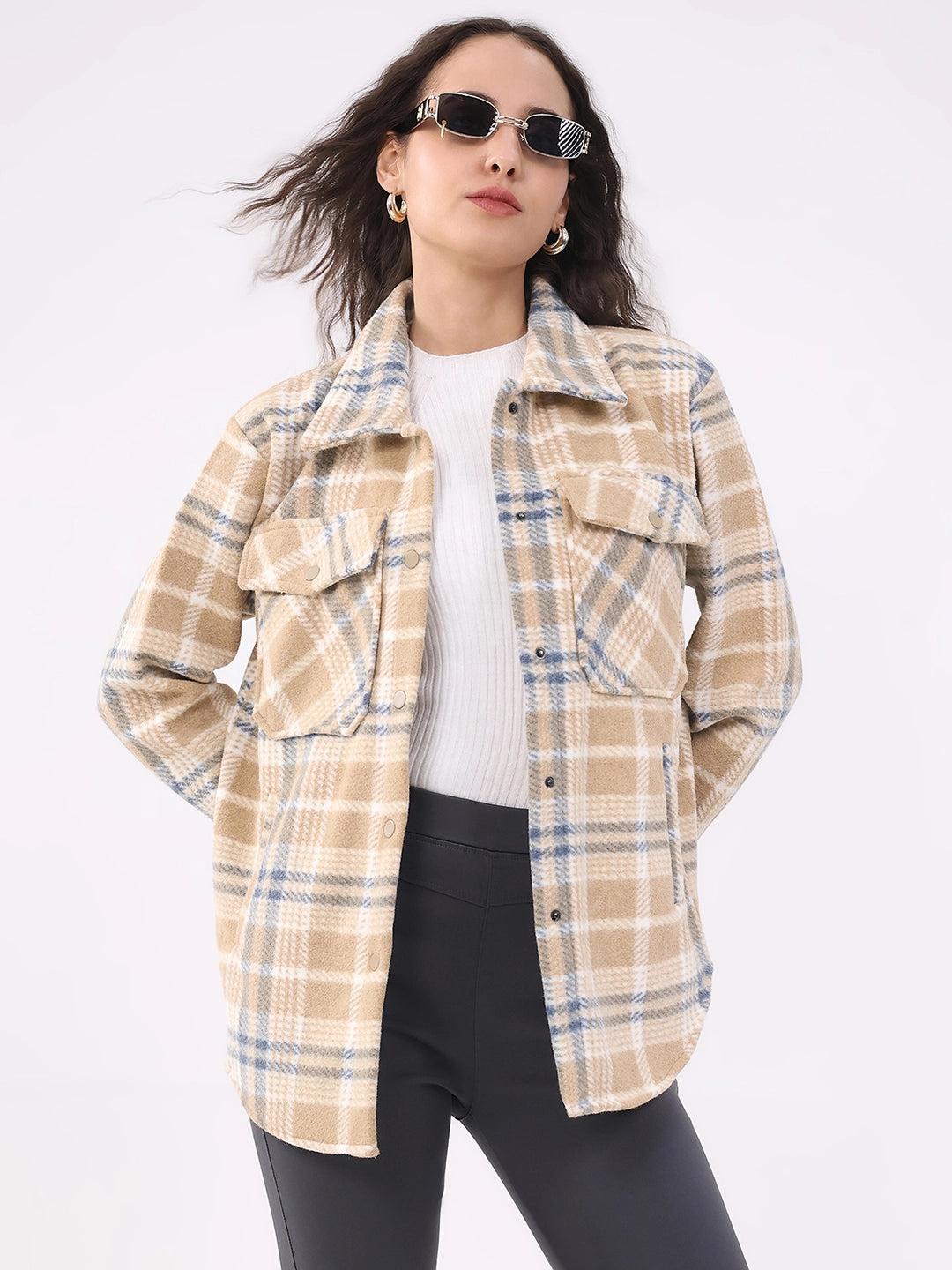 Beige Checked Wool Blend Winter Shacket - Global Republic