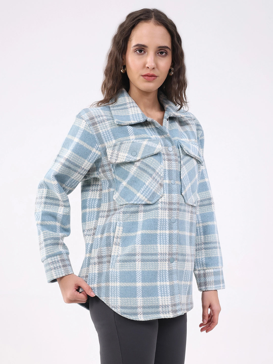 Blue Checked Wool Blend Winter Shacket - Global Republic