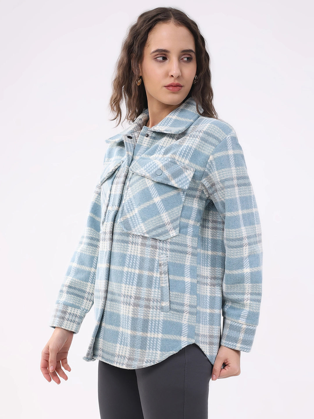 Blue Checked Wool Blend Winter Shacket - Global Republic