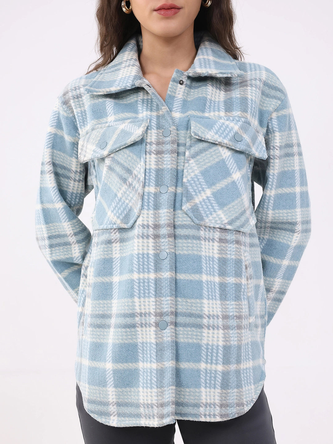 Blue Checked Wool Blend Winter Shacket - Global Republic