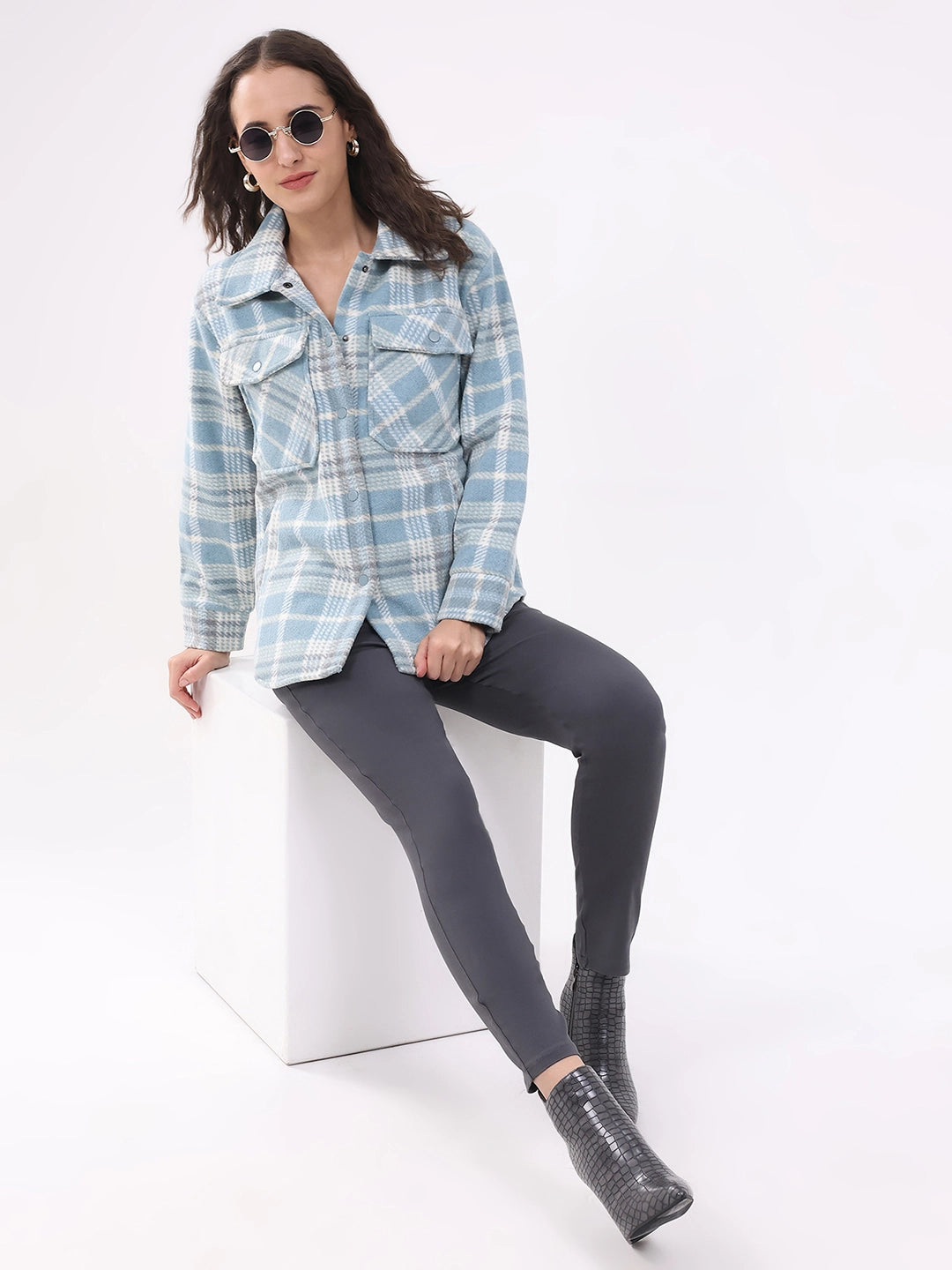 Blue Checked Wool Blend Winter Shacket - Global Republic