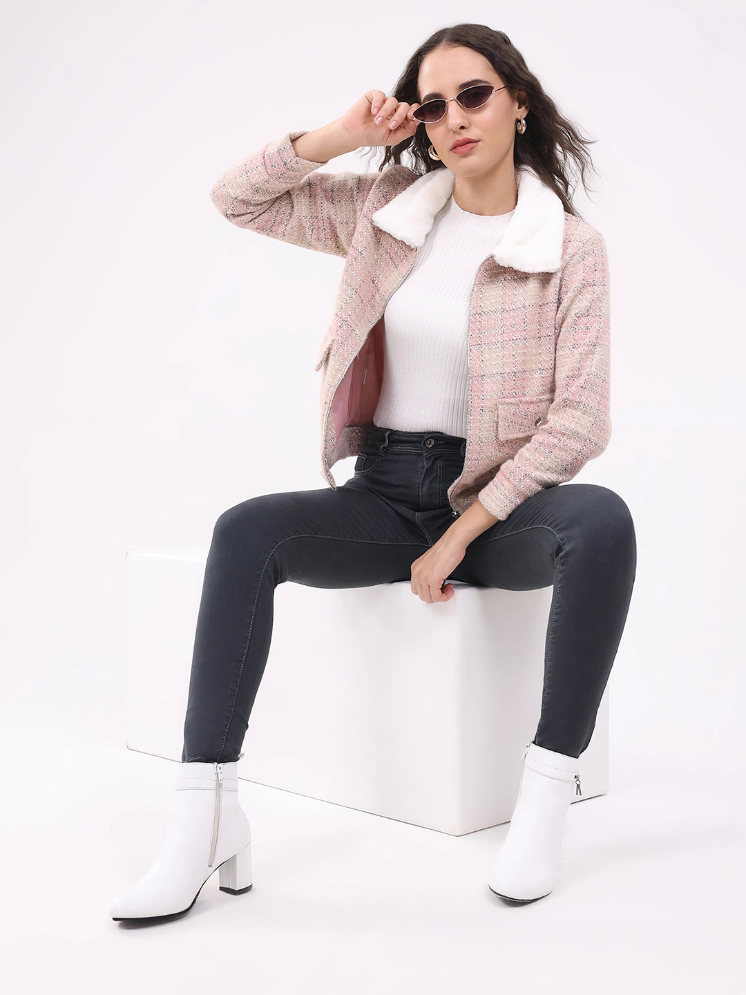 Pink Checked Woven Shacket - Global Republic