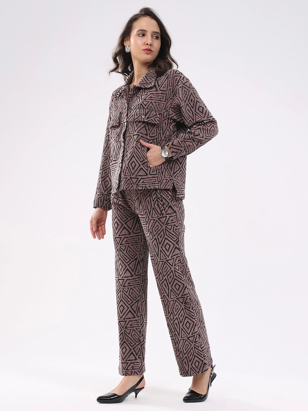 Mauve Wool Blend Winter Co-ord Set - Global Republic