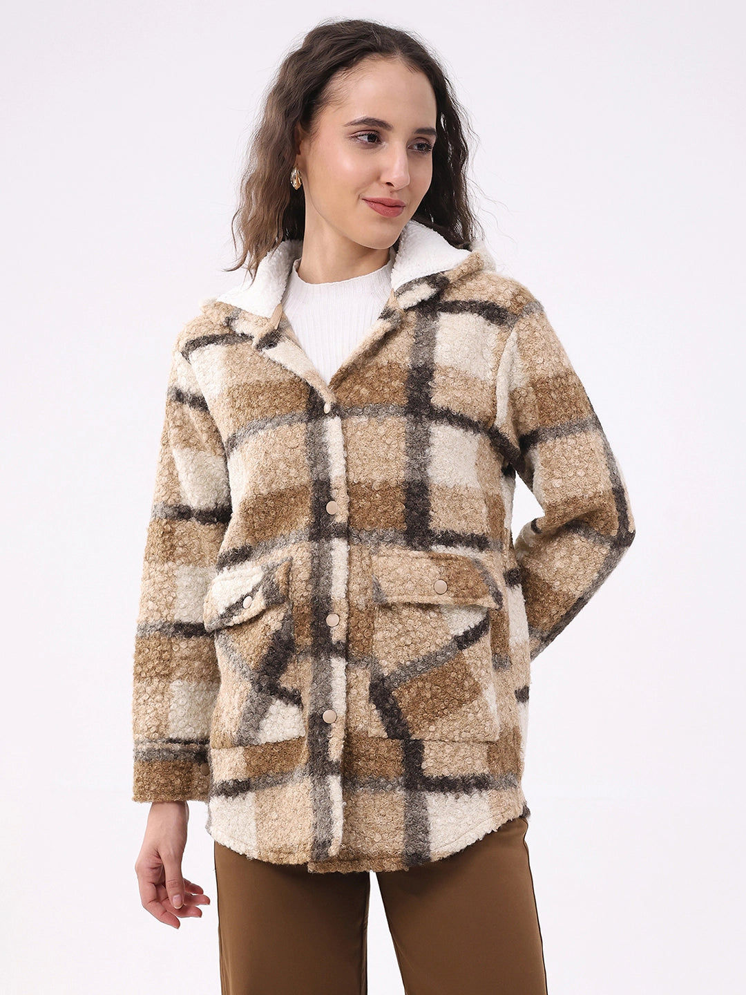 Beige Wool Blend Checked Hooded Jacket - Global Republic