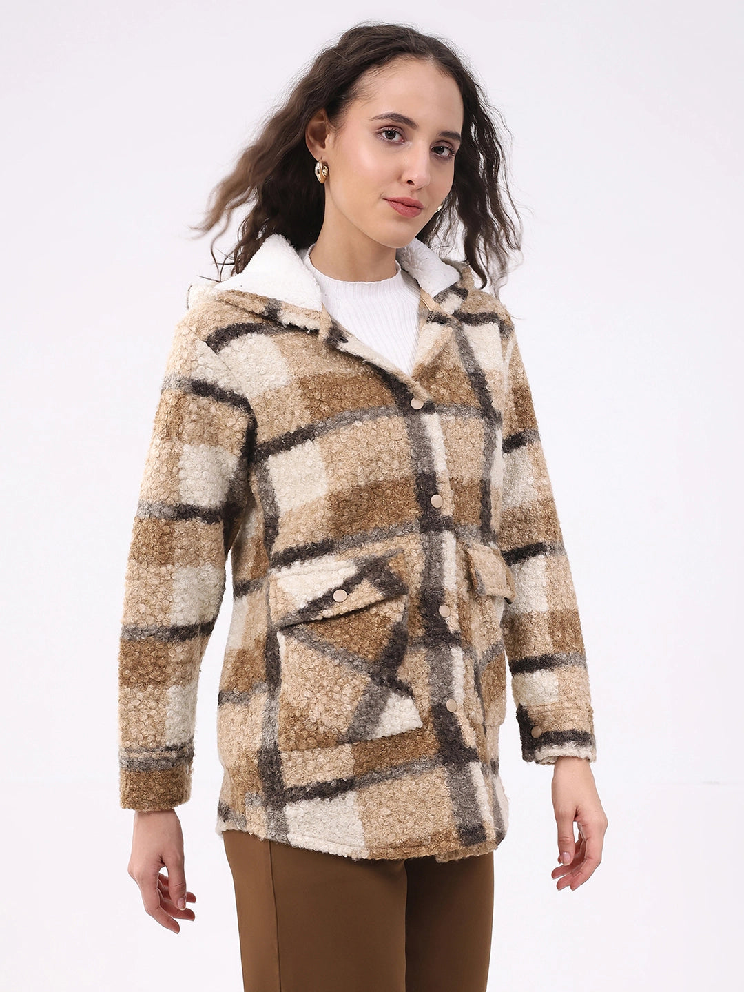 Beige Wool Blend Checked Hooded Jacket - Global Republic