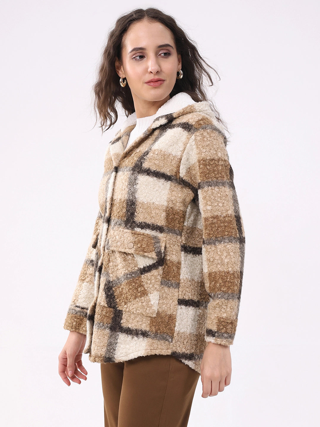 Beige Wool Blend Checked Hooded Jacket - Global Republic