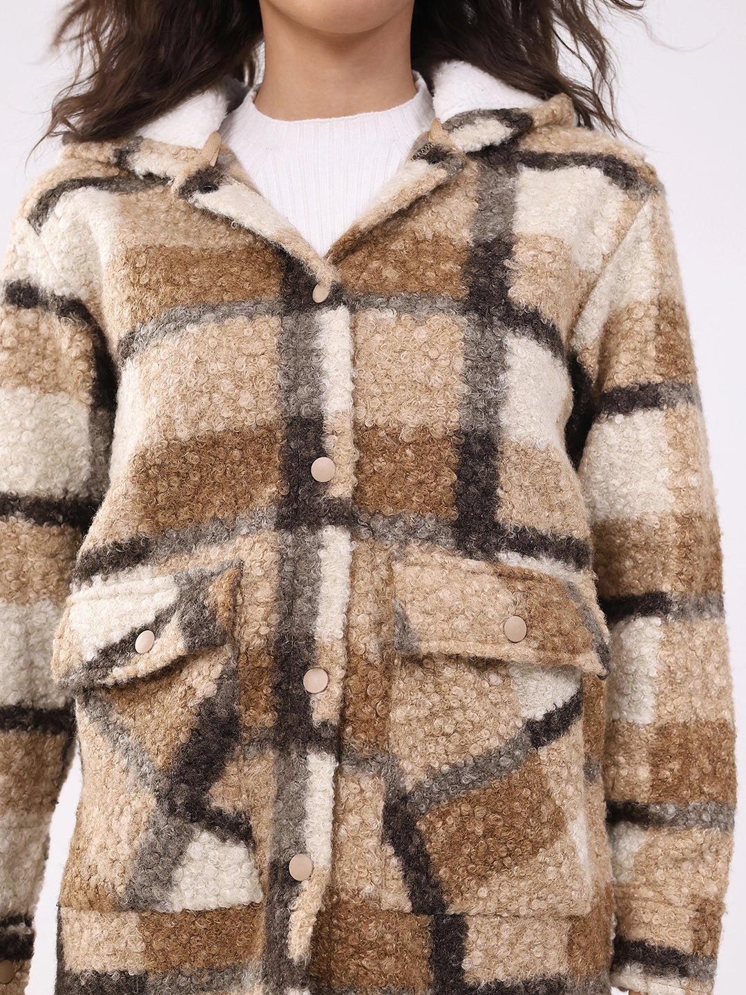 Beige Wool Blend Checked Hooded Jacket - Global Republic