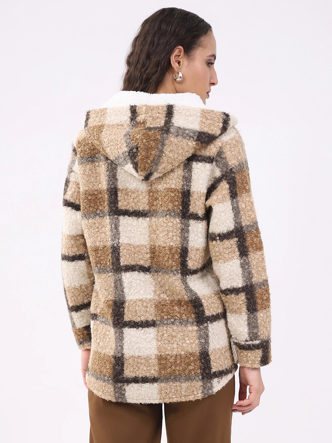 Beige Wool Blend Checked Hooded Jacket - Global Republic