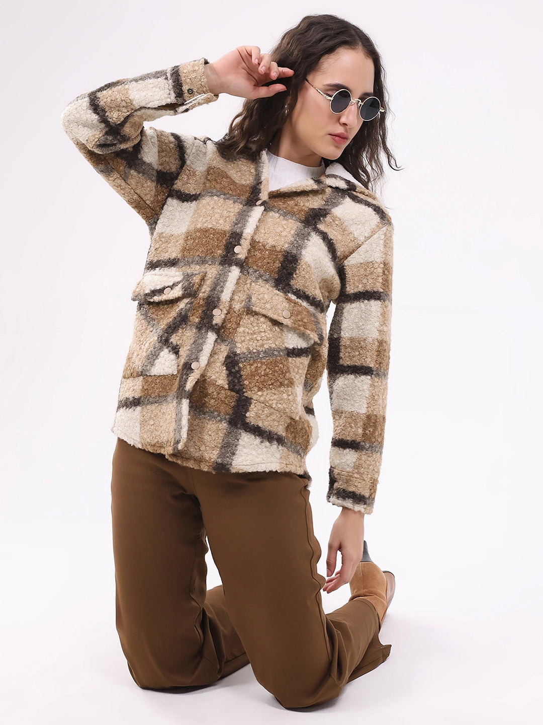 Beige Wool Blend Checked Hooded Jacket - Global Republic