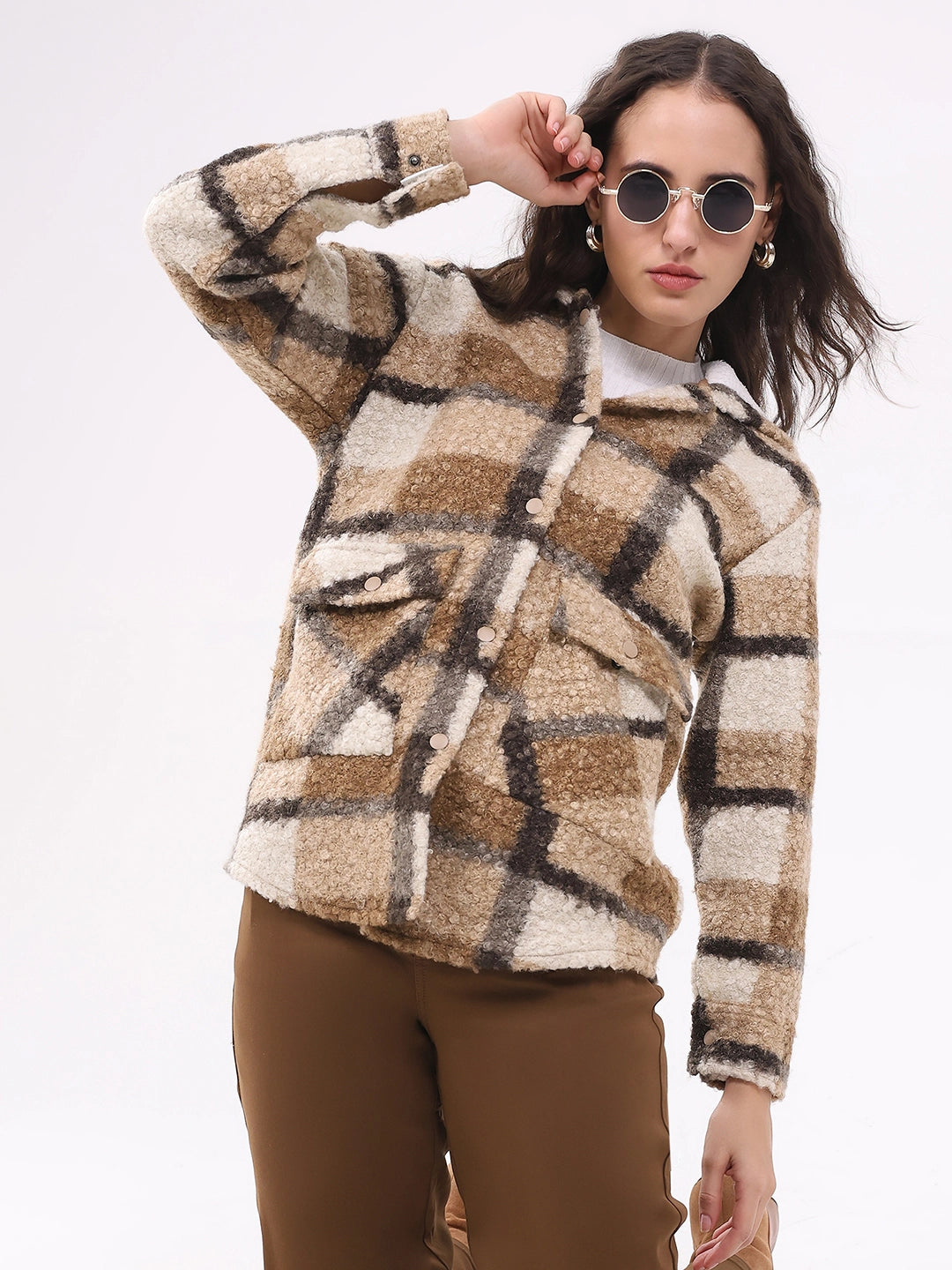 Beige Wool Blend Checked Hooded Jacket - Global Republic