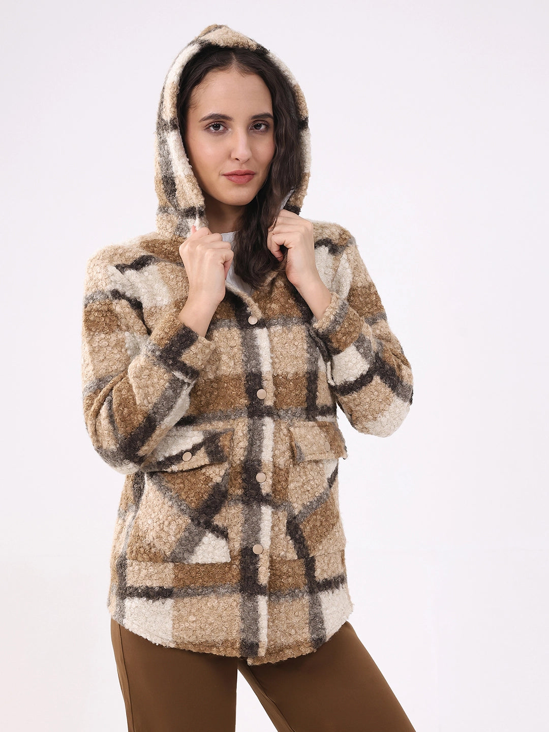 Beige Wool Blend Checked Hooded Jacket - Global Republic