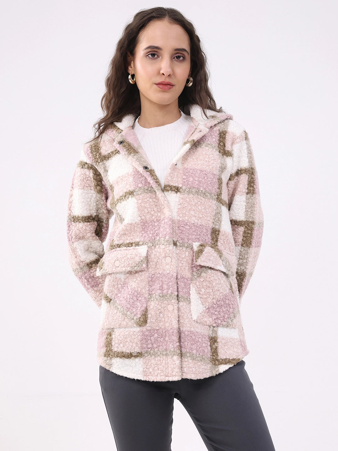 Pink Wool Blend Checked Hooded Jacket - Global Republic
