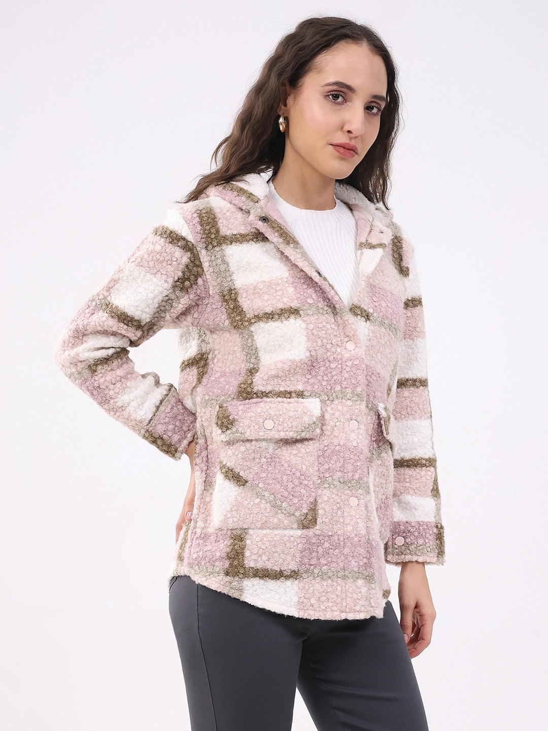 Pink Wool Blend Checked Hooded Jacket - Global Republic