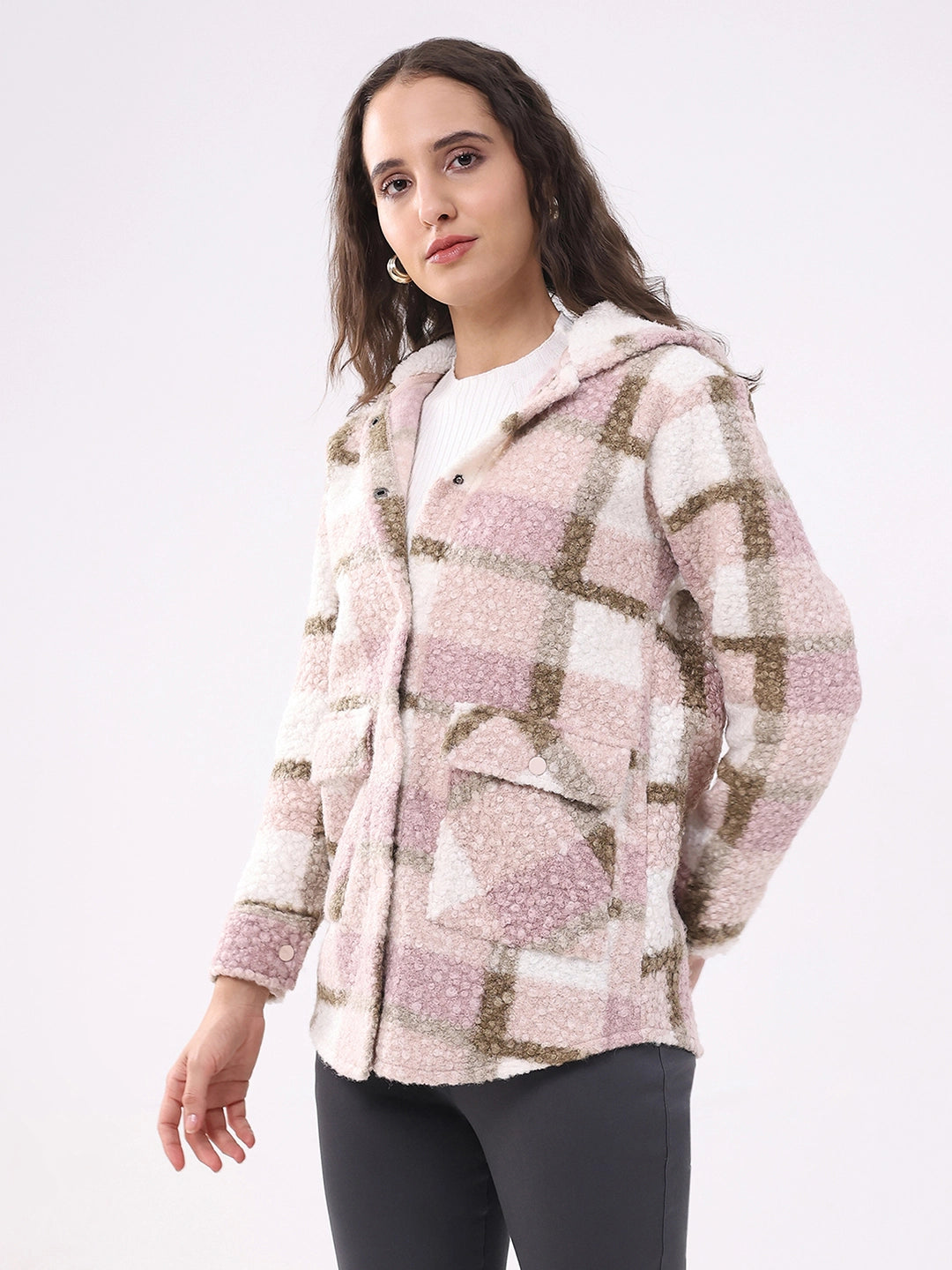 Pink Wool Blend Checked Hooded Jacket - Global Republic