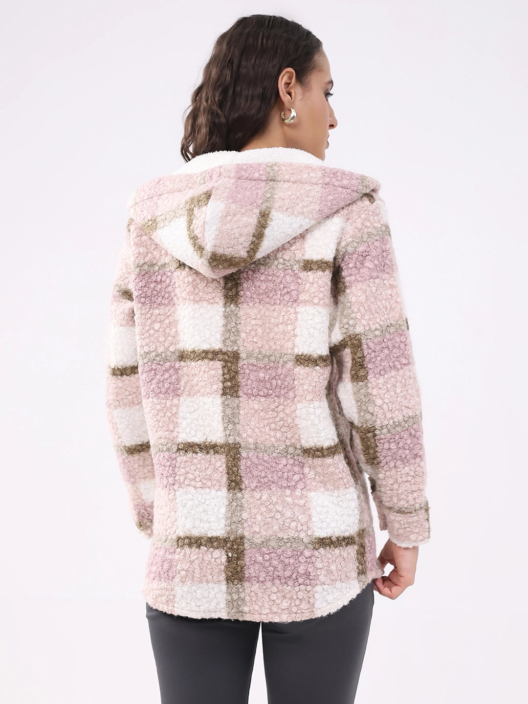 Pink Wool Blend Checked Hooded Jacket - Global Republic