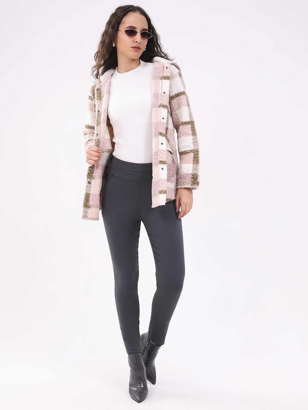 Pink Wool Blend Checked Hooded Jacket - Global Republic