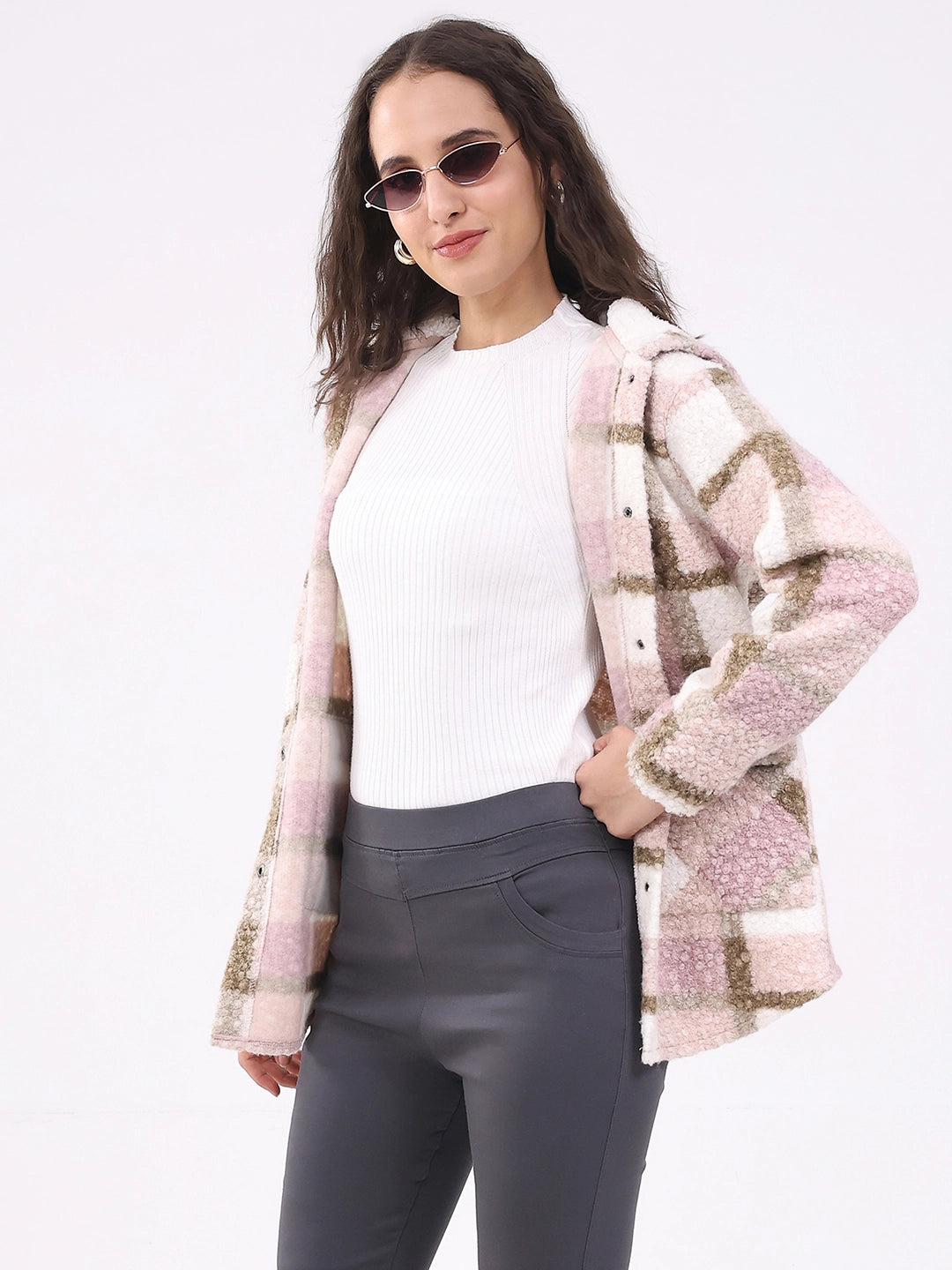 Pink Wool Blend Checked Hooded Jacket - Global Republic