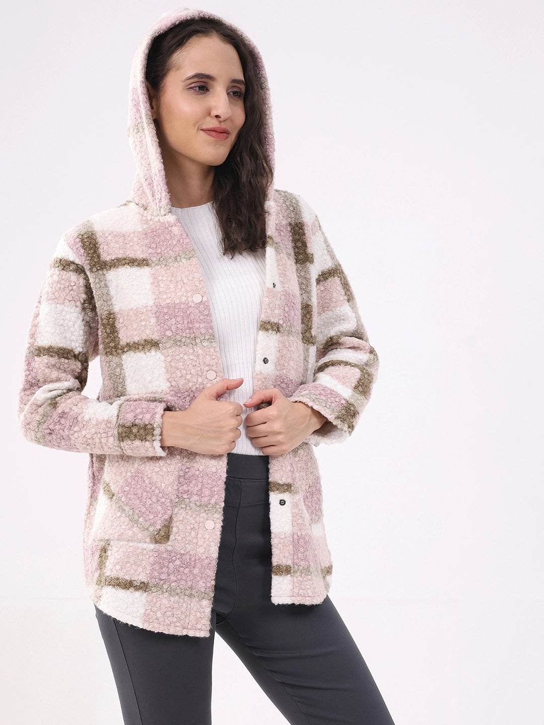 Pink Wool Blend Checked Hooded Jacket - Global Republic