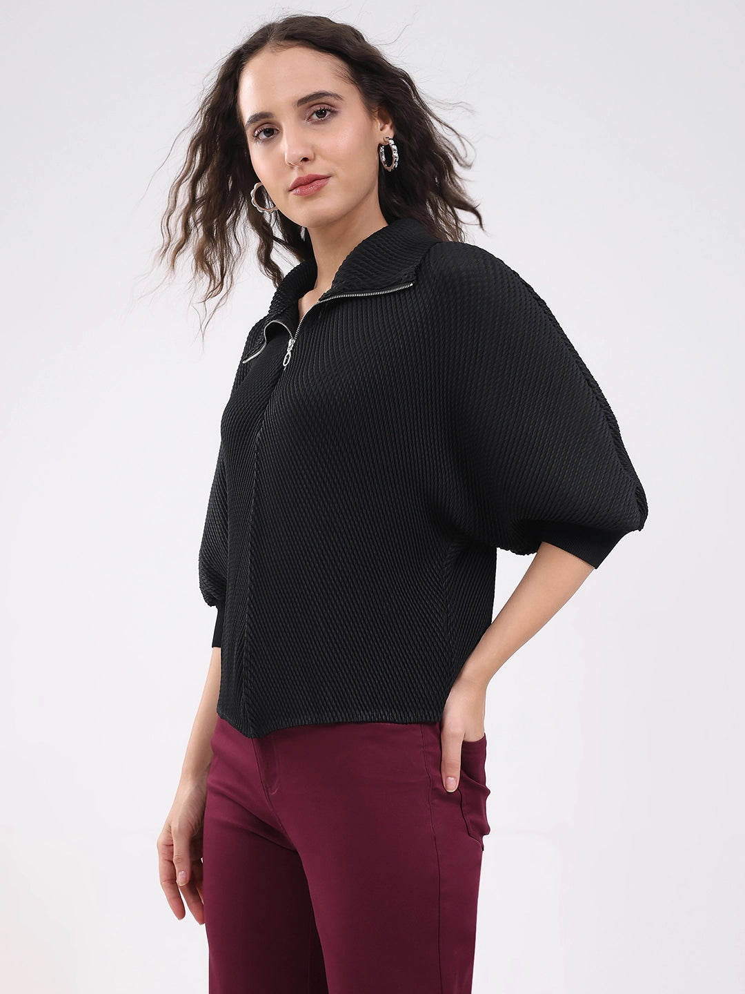 Black Solid Pleated Blouson Top - Global Republic